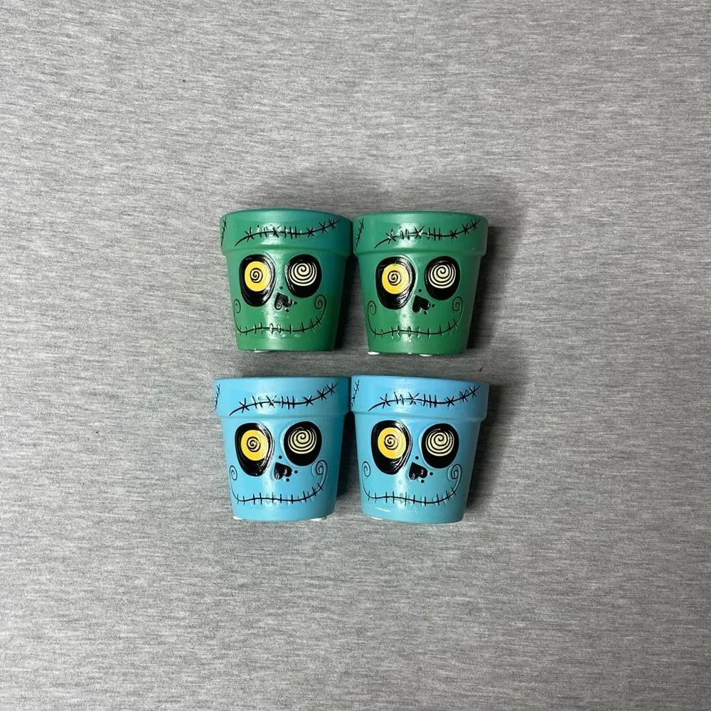 Target Blue & Green 3” Mini Round Halloween Skeleton Ceramic Pot 4 PCS. Set